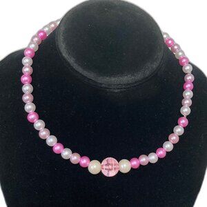 BARBIE Core Pink White Swirl Rose Colored Beads Statement Choker Necklace 16 in